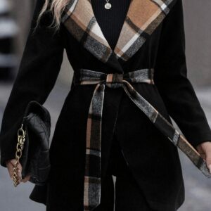 Plaid Patchwork Belted Wool Coat