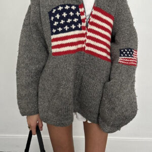 Chic Flag Graphic Knit Zippered Hoodie