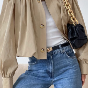 Short Khaki Puff Sleeve Trench Coat