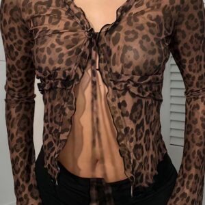 Leopard Print Sheer Tie Long Sleeve Blouse