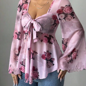 Floral Tie Dye Square Neck Tie Long Sleeve Blouse