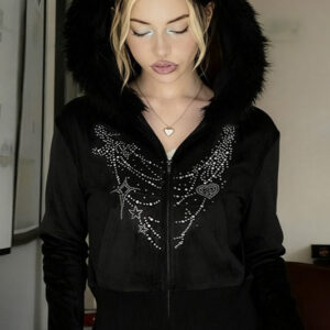 Gothic Rhinestone Fur Paneled Slim Hoodie