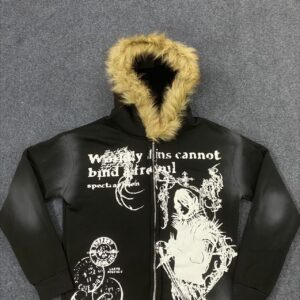 Street Print Fur Trimmed Relaxed Hoodie