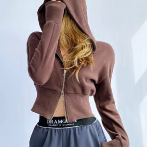 Solid Dual Zipper Slim Cropped Hoodie