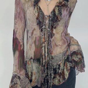 Tie Dye Mesh Ruffle Flare Sleeve Blouse