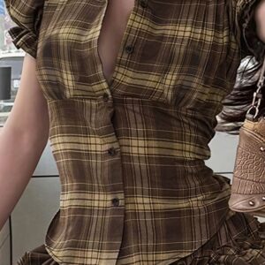 Plaid Lapel Button Puff Sleeve Ruched Blouse