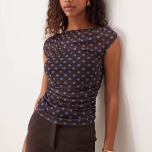 Ruched Polka Dot Mesh Short Sleeve Blouse