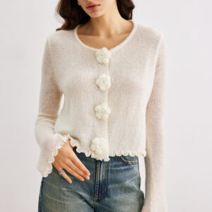 Wool-Blend Lettuce Trim 3D Flower Cardigan