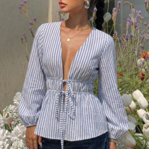 Elegant Stripe Long Sleeve Tie Blouse