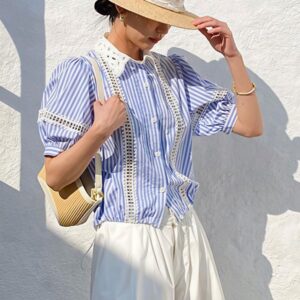 Chic Stripe Lace Puff Sleeve Blouse