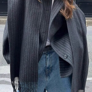Striped Scarf Collar Tassel Loose Wool Coat