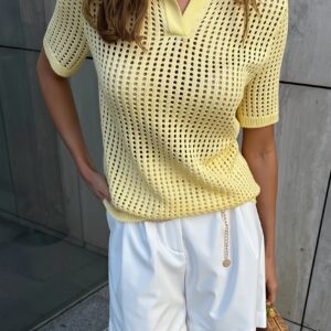Solid Knit Polo Shirt Cut Out Sexy Elegant Multicolor Blouse