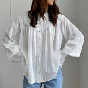 White Cotton Jacquard Stand Collar Blouse