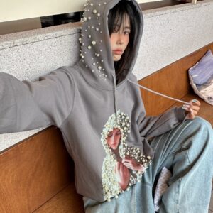 Beaded Graphic Print Edgy Streetwear Hooded Oversized Hoodie