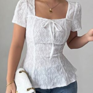 Square Neck Bow Lace Short Sleeve Blouse