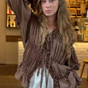 Solid Ruched Ruffle Tie Blouse