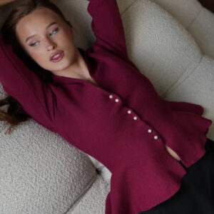 Solid Fitted Ruffled Hem Long Sleeve Knit Cardigan